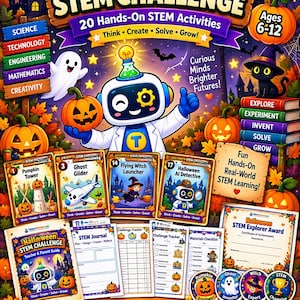 May include: A Halloween STEM Challenge kit featuring 20 hands-on activities for ages 6-12. Includes a teacher and parent guide, STEM journal, challenge trackers, materials checklists, award certificates, and badges with a robot and pumpkin theme.