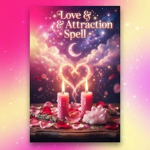 Könnte beinhalten: Ein rechteckiger Druck mit dem Text Love & Attraction Spell in goldener Schrift. Darunter stehen zwei rosafarbene, strukturierte Kerzen inmitten verstreuter rosa Rosenblätter und eines hellrosa Kristallclusters unter einem leuchtenden Herz.