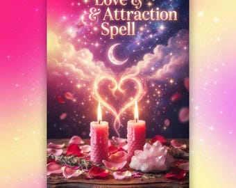 Puede incluir: Una impresión rectangular con el texto Love & Attraction Spell en letras doradas. Debajo, dos velas rosas texturizadas se alzan entre pétalos de rosa esparcidos y un grupo de cristales de color rosa claro bajo un corazón y una luna creciente.