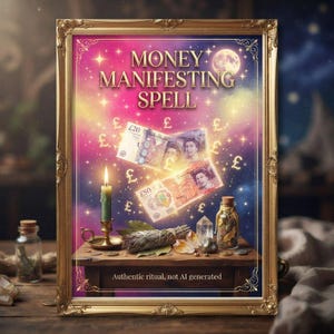 Peut inclure: Une impression encadrée intitulée MONEY MANIFESTING SPELL montrant des billets de livre sterling, une bougie verte allumée dans un bougeoir en laiton, un fagot de sauge et des cristaux sur une table en bois, sur fond de nébuleuse colorée.