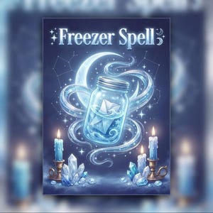 Puede incluir: Una impresión rectangular con el texto Freezer Spell en la parte superior. La ilustración muestra un frasco de vidrio con un sobre doblado, rodeado de energía azul, una luna creciente, estrellas, cristales y velas azules encendidas.