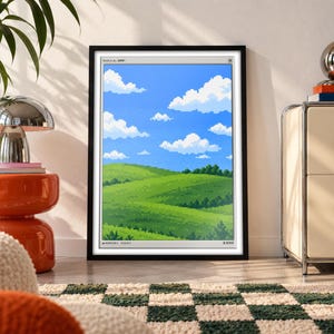 May include: A framed wall art print featuring a pixel art landscape of rolling green hills under a bright blue sky with white clouds. The image is styled like a computer window with the text hills.BMP at the top and a small icon at the bottom.