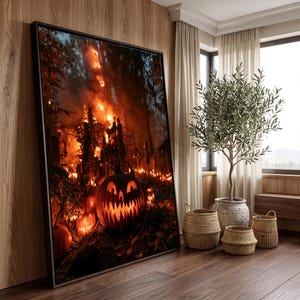 May include: A framed vertical wall art print depicting a dark forest scene at night with multiple glowing jack-o'-lanterns in the foreground. The scene features bright orange flames and light emanating from the carved pumpkins and the background.