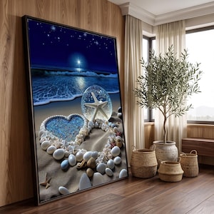 Starry Night Beach Scene Canvas, Heart Shell Design, Starfish Glass Orb, Ocean Shore Wall Art, Coastal Home Decor, Nighttime Seascape Canvas