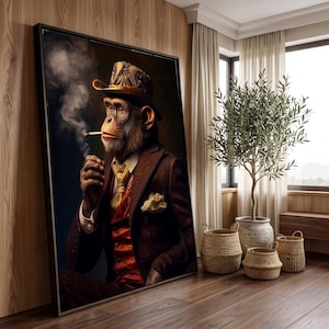 May include: A framed wall art print depicting a chimpanzee dressed in a dark brown suit, a red vest, a yellow necktie, and a patterned hat. The chimpanzee is holding a lit cigarette with visible smoke rising against a dark background.