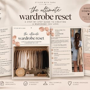 May include: A digital download guide titled The Ultimate Wardrobe Reset, featuring step-by-step instructions, checklists, and worksheets for organizing a closet. The pages include text, illustrations of clothing racks, and tips for decluttering and styling.