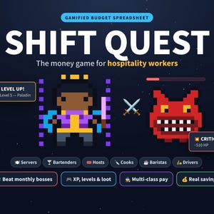 May include: A digital graphic for a gamified budget spreadsheet titled SHIFT QUEST, The money game for hospitality workers. It features pixel art of a character and a red monster, with text labels for job roles, level up, and critical hit stats.