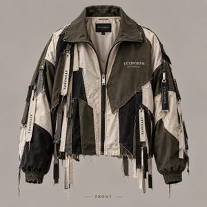 May include: A zip-up jacket in olive green, black, and off-white featuring a patchwork design with frayed edges. The garment includes multiple hanging fabric straps printed with the text STYNORPK, a high collar, and elasticated cuffs.