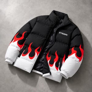 May include: A black puffer jacket featuring a high collar, a full-length front zipper, and white cuffs. The jacket displays a vibrant red flame pattern along the lower section and sleeves, with the white text STYNORPK printed on the upper chest.