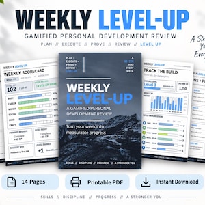 May include: A Weekly Level-Up gamified personal development review printable PDF with 14 pages. The cover features a mountain landscape and the text Weekly Level-Up A Gamified Personal Development Review. Includes scorecards, mission boards, and progress trackers.