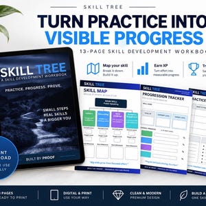 Planificador de desarrollo de habilidades en PDF / Cuaderno de trabajo gamificado con árbol de habilidades y seguimiento de XP