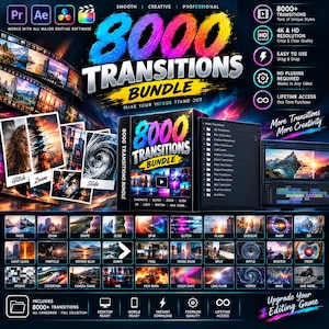 Puede incluir: Un anuncio de producto digital para un paquete de 8000 transiciones con texto colorido, iconos de software y una cuadrícula de vistas previas de efectos de video. El gráfico muestra características como resolución 4K, función de arrastrar y soltar y acceso de por vida para software de edición.