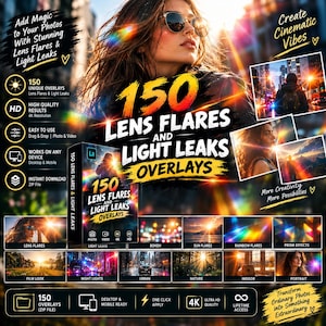 May include: A digital product package featuring 150 lens flares and light leaks overlays. The promotional graphic displays text including 150 Lens Flares and Light Leaks Overlays, 4K resolution, and various photographic examples like bokeh, sun flares, and prism effects.