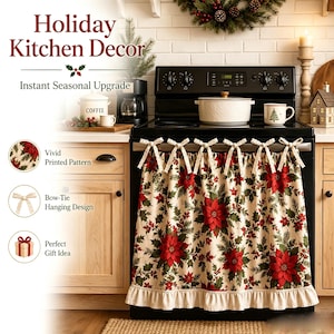 May include: A cream-colored oven cover featuring a vibrant red poinsettia and green holly leaf print. The fabric is gathered at the top and secured to the oven handle with six tied fabric bows, finished with a ruffled bottom hem edge.