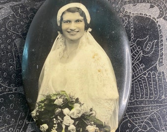 Vintage mirror small oval early 1900s mirror with bride