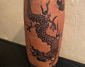 Vintage Art pottery Dona dragon phoenix vase 1950s large