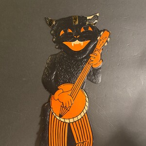 Chat banjo d'Halloween vintage Beistle H E Luhrs 1930-40, découpe d'Halloween, découpe vintage d'Halloween, décoration d'Halloween vintage