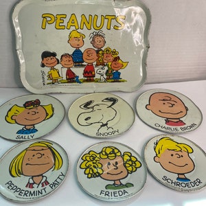 Peanuts snoopy and the gang 1961 metal tray and six plates , Charlie Brown tray set