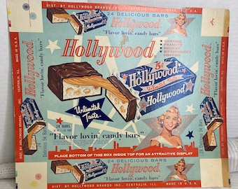 Vintage candy advertising cardboard Hollywood candy bars 1950s 1960s  , vintage candy box