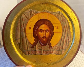 Vintage Christian orthodox art holly Mandylion Icon gilded Christ Byzantine Italy