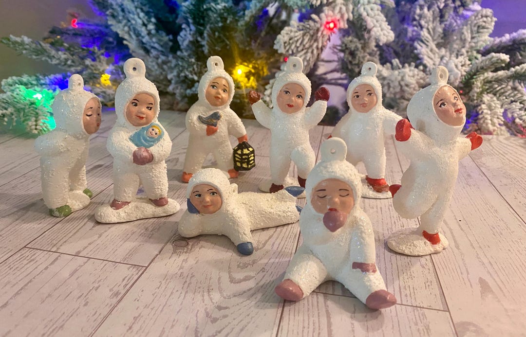 Vintage Ceramic Christmas Hand Painted Snow Kids Babies 1960 8 Pcs