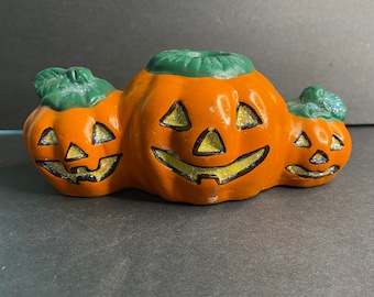 Vintage halloween Jack o lanterns candle holder Hermitage Pottery trio of pumpkins