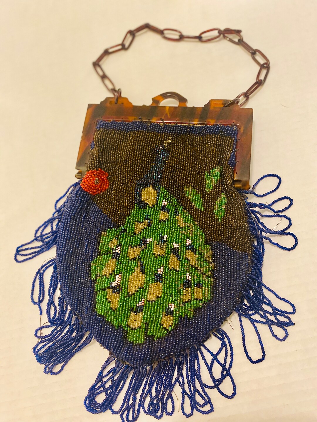Victorian Micro Beaded Purse Tiger Bakelite Loop Fringe Vintage Antique ...