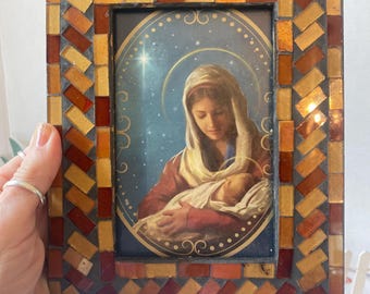 Mosaic frame mirror tiles Gold and burgundy Madonna and child print