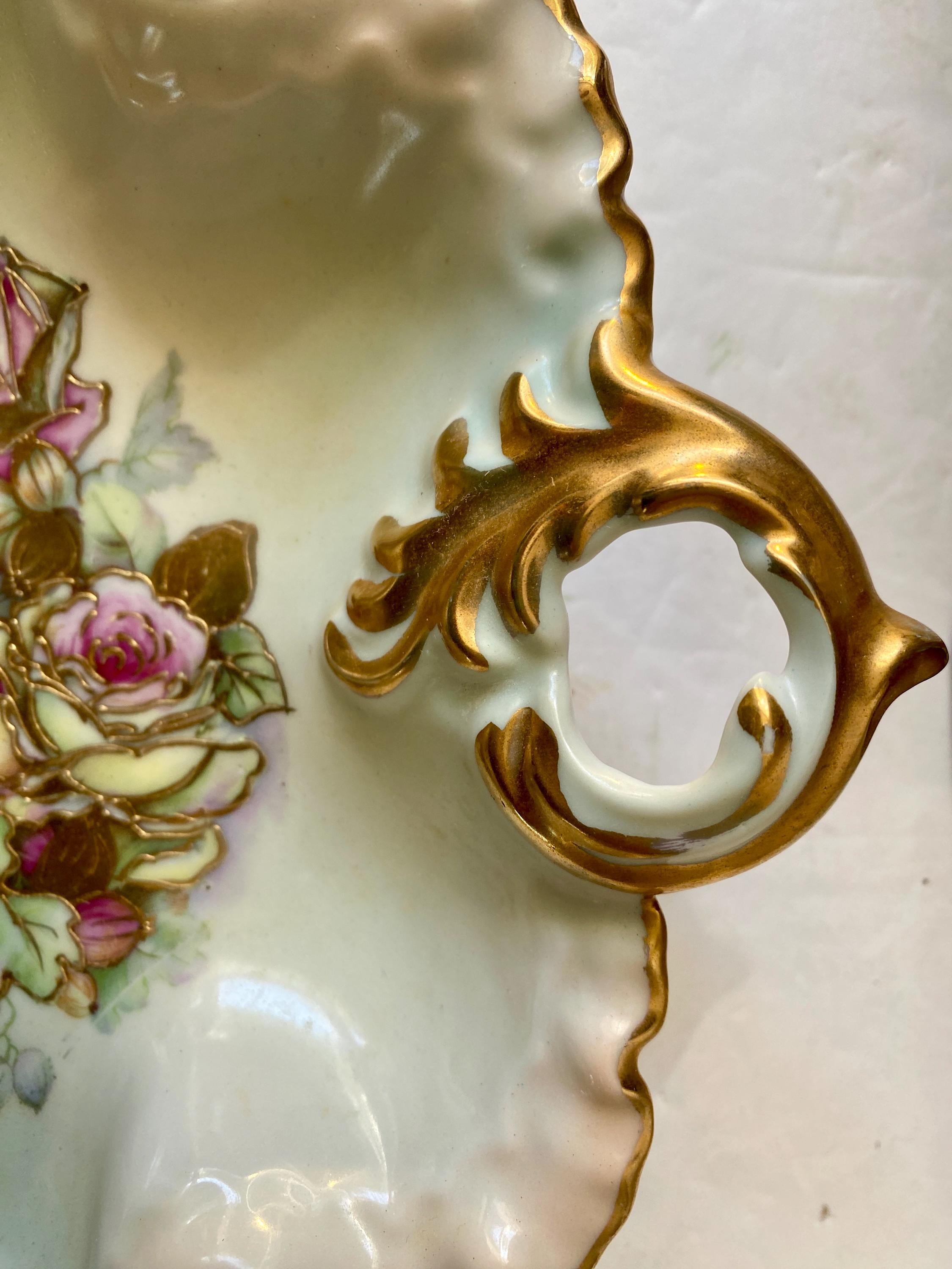 Vintage Lemoges Porcelain Hand Painted Cabbage Rose With Gold Trim