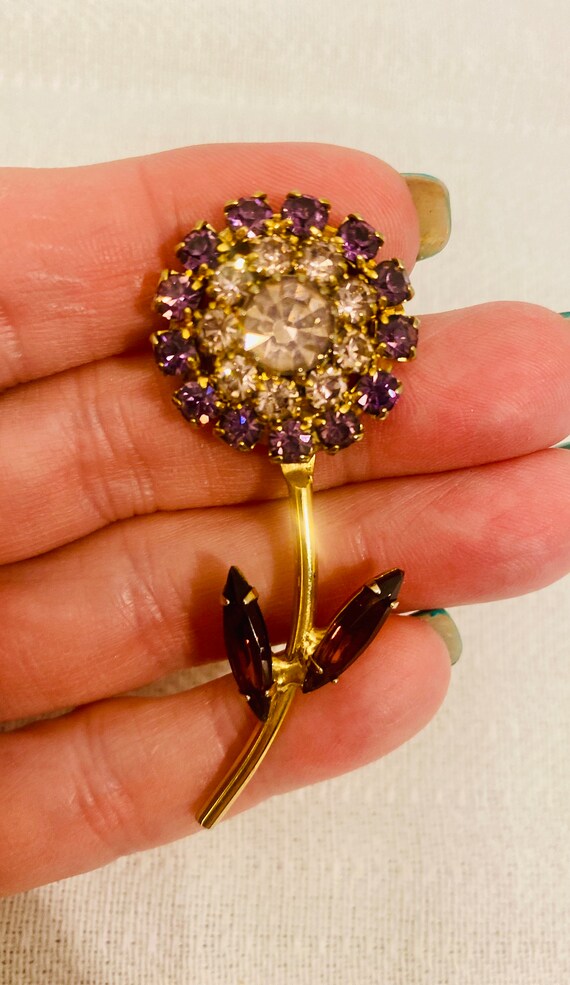 Broche Vintage Fleur En Alliage Doré Avec Strass Et émail Rose/violet