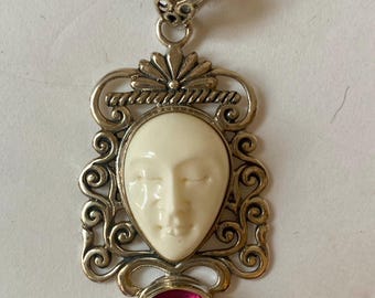 Sterling pendant goddess and 20 inch chain Balinese ruby or garnet and bone