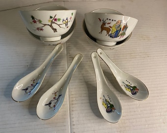 Vintage oriental soup rice bowls and spoons set of 4 made In Taiwan