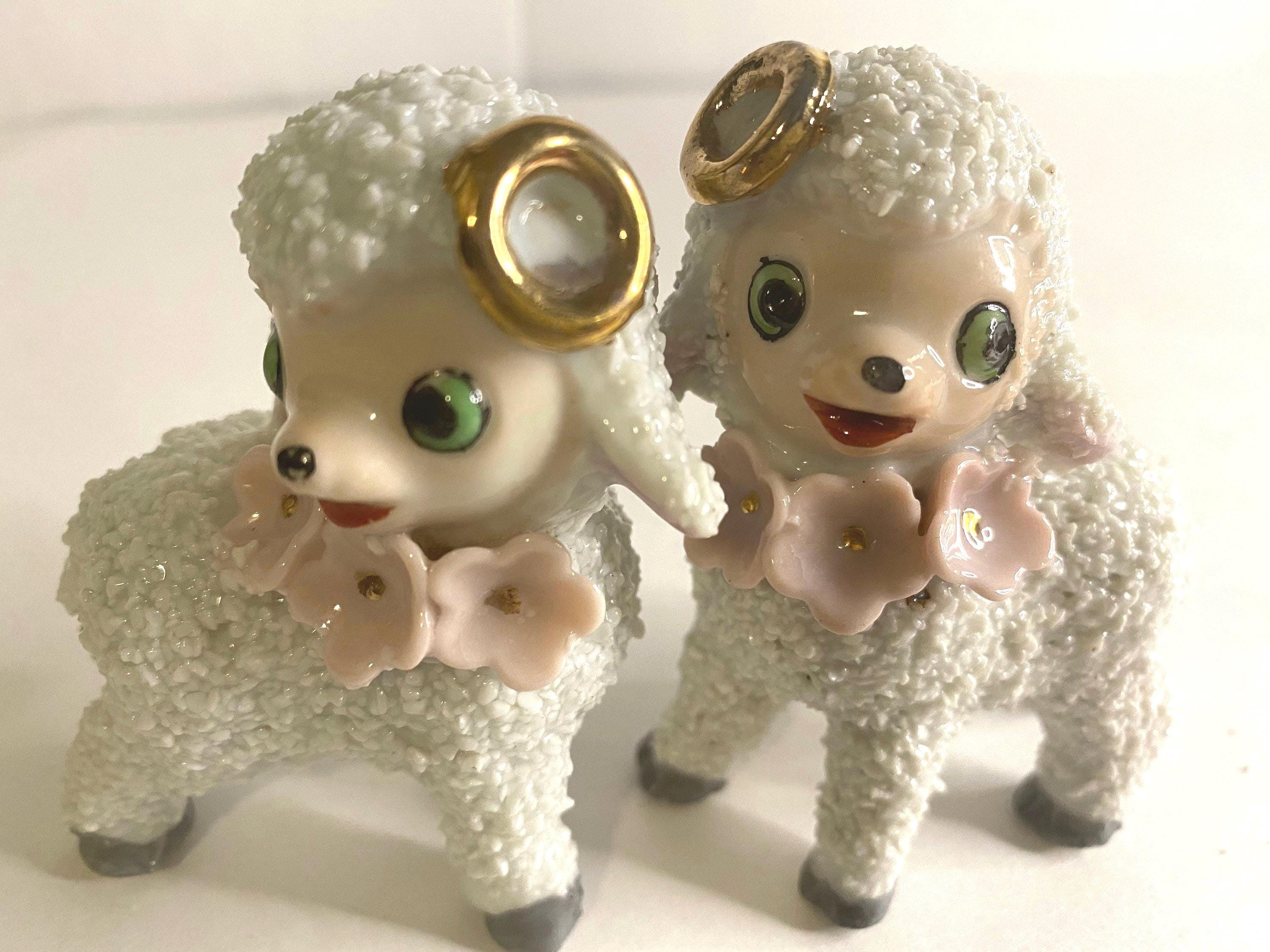 ヴィンテージの日本の子羊のペア、キッチュなレトロな擬人化、1950年代