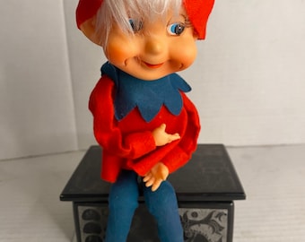 Vintage Christmas elf pixie shelf sitter Japan rubber face hands felt large