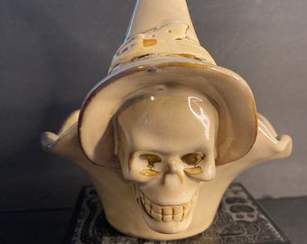 Vintage Halloween pottery skeleton signed witch with witch hat sculpture
