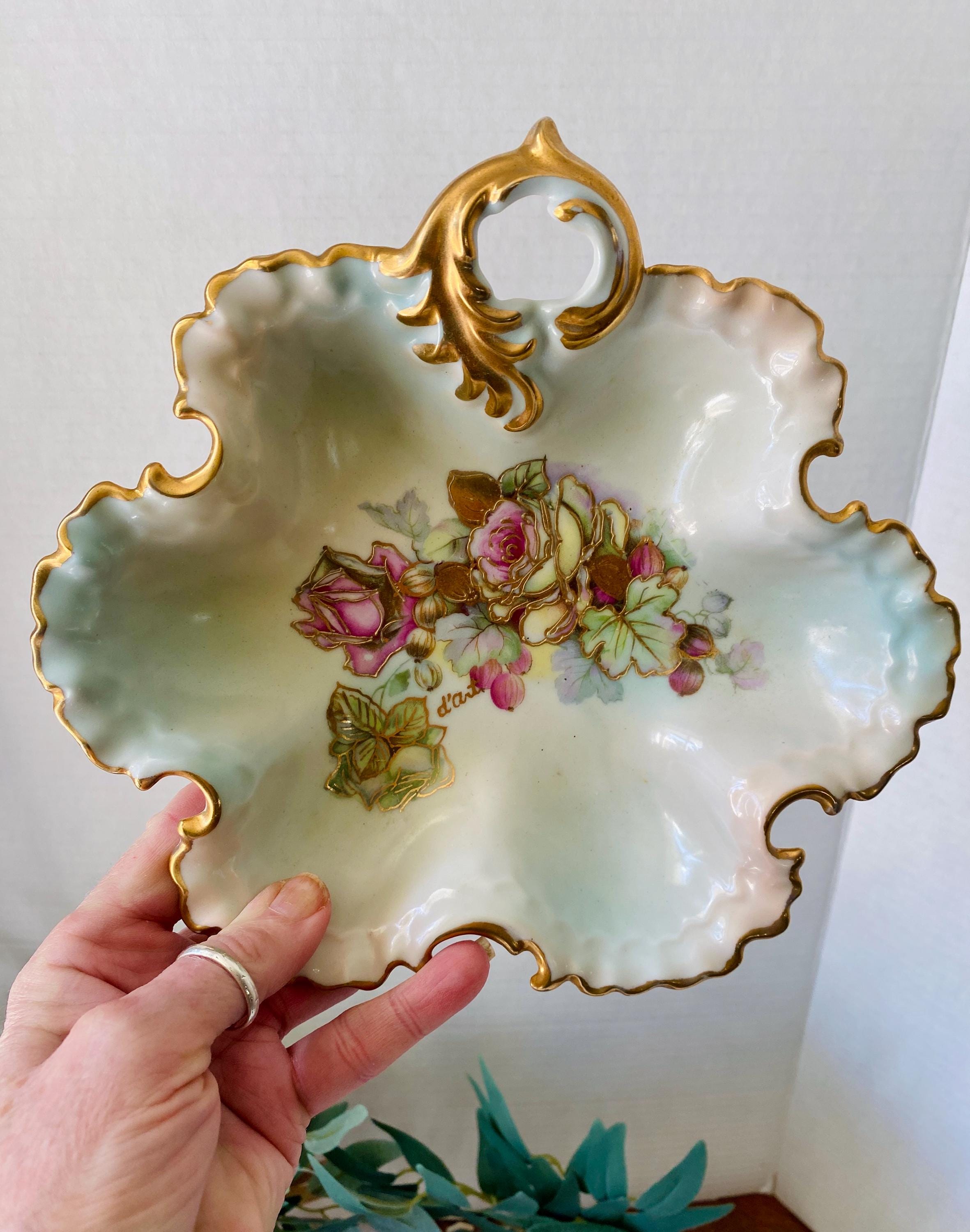 Vintage Lemoges Porcelain Hand Painted Cabbage Rose With Gold Trim