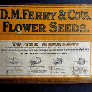 Antique seed advertising, DM Ferry and Company flower seeds advertising sign , antique flower seed advertising