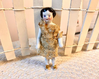 Antique doll German Porcelain frozen charlotte doll dressed miniature stands