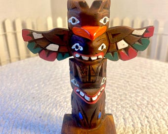 Totem pole carved wood Alaska native art  marked 35 eagle