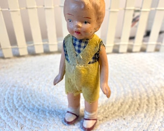 Vintage doll bisque or ceramic 30s-40s boy doll dressed miniature stands