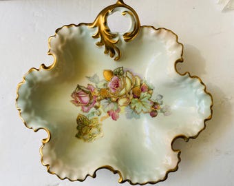 Vintage Lemoges Porcelain Hand Painted Cabbage Rose With Gold Trim