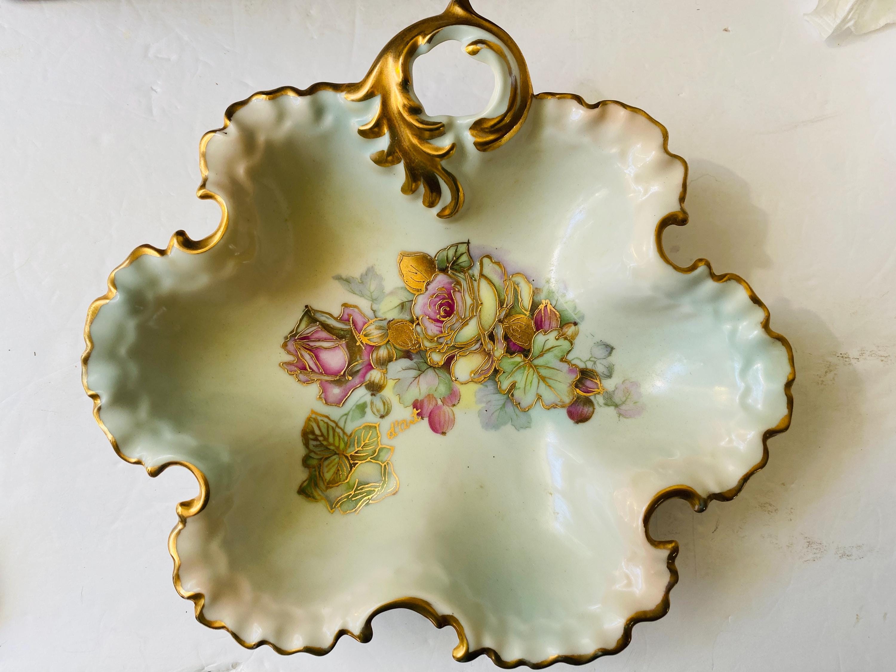 Vintage Lemoges Porcelain Hand Painted Cabbage Rose With Gold Trim