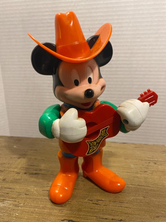 Vintage Toy Mickey as Cowboy Wind up Walt Disney Lays Guitar Moves
