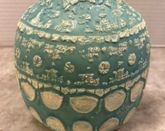 vintage pottery Tiffany blue embossed with white vase robins egg blue
