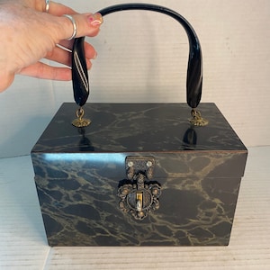 Vintage box purse marbleized Lucite and Wood ornate clasp MCM 1960s