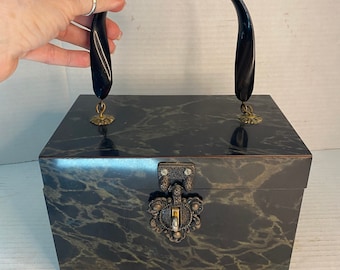 Vintage box purse marbleized Lucite and Wood ornate clasp MCM 1960s