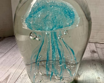 Hand Blown Blue Jellyfish Art Glass Paperweight Figurine 4" Nautical ...