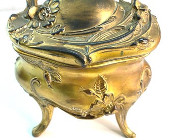 Vintage Art nouveau casket jewelry box ornate gold tone , vintage vanity