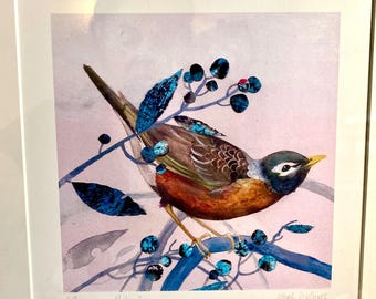 Bird print signed Steph Holmes American Robin matted and  Silvertone frame