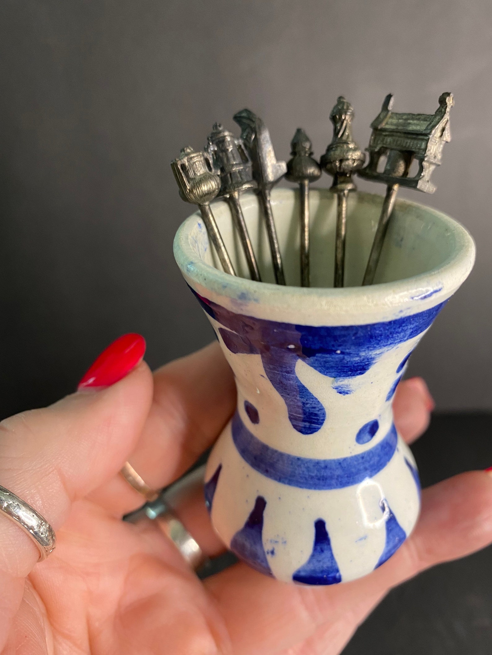 Vintage metal pewter toothpicks and holder / blue and white Etsy